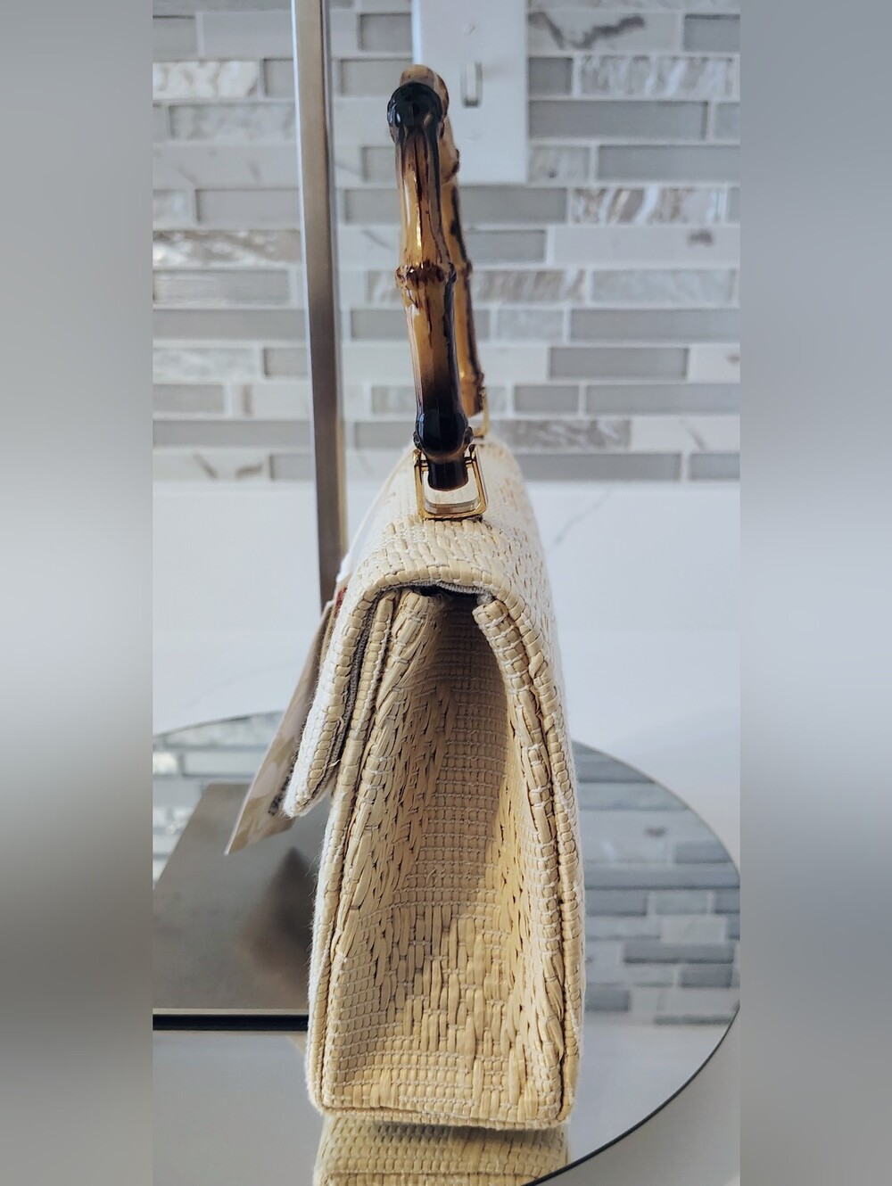 NWT Tommy Bahama Raffia Top Handle Purse w/ Bamboo Like Handle - Picture 5 of 14
